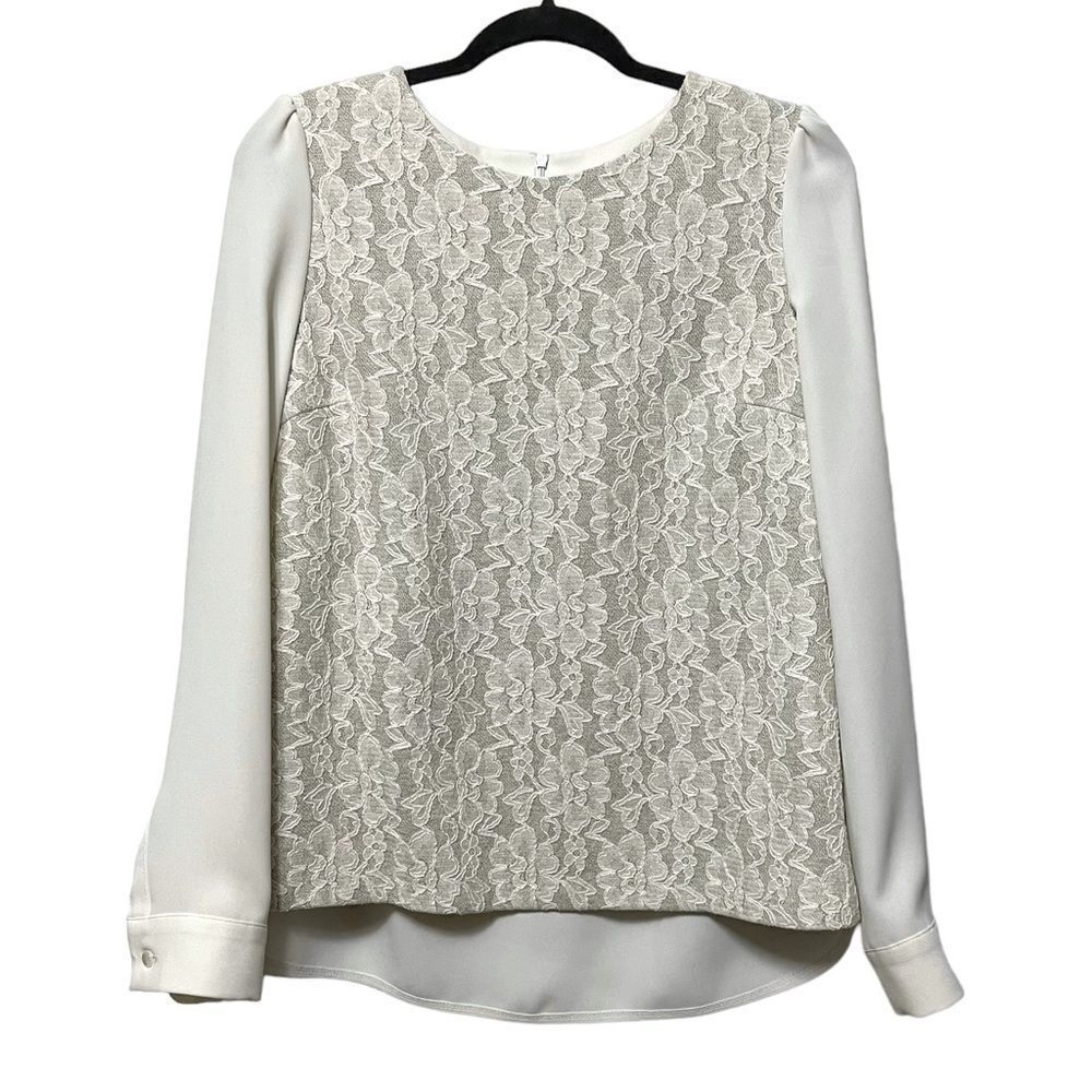MCGINN Floral Lace Crepe Long Sleeve Blouse L
